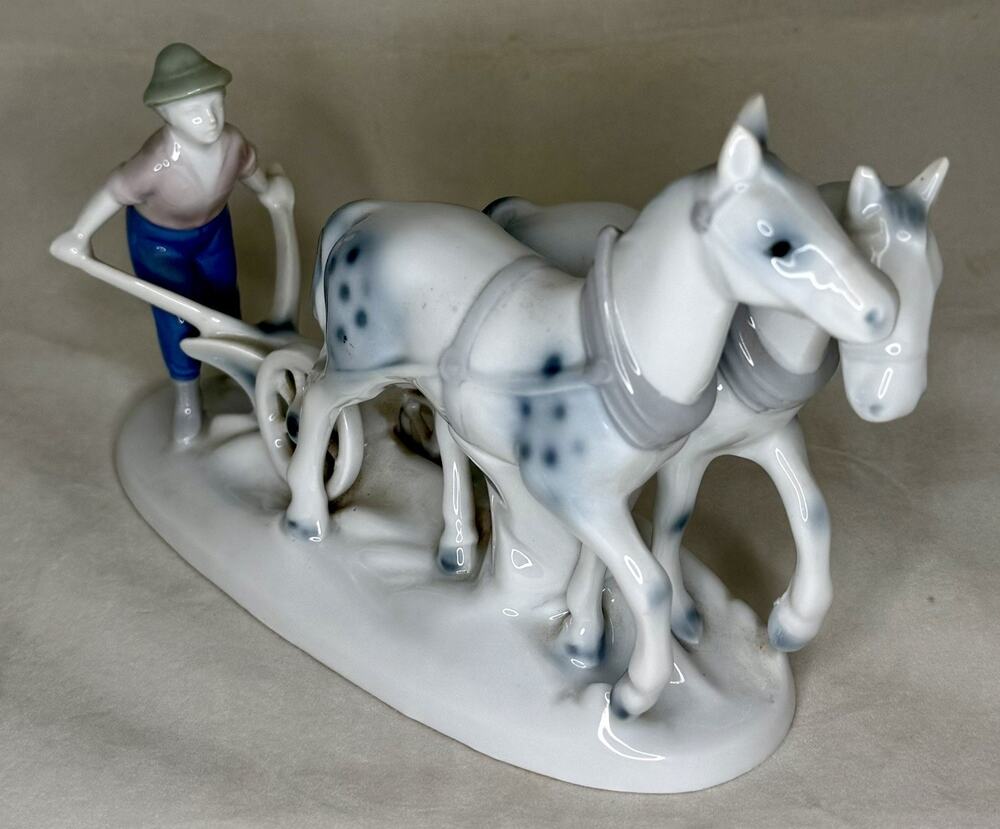 Gerold Porzellan Bavaria Multicolor Porcelain Farmer and Horses Plow Figurine